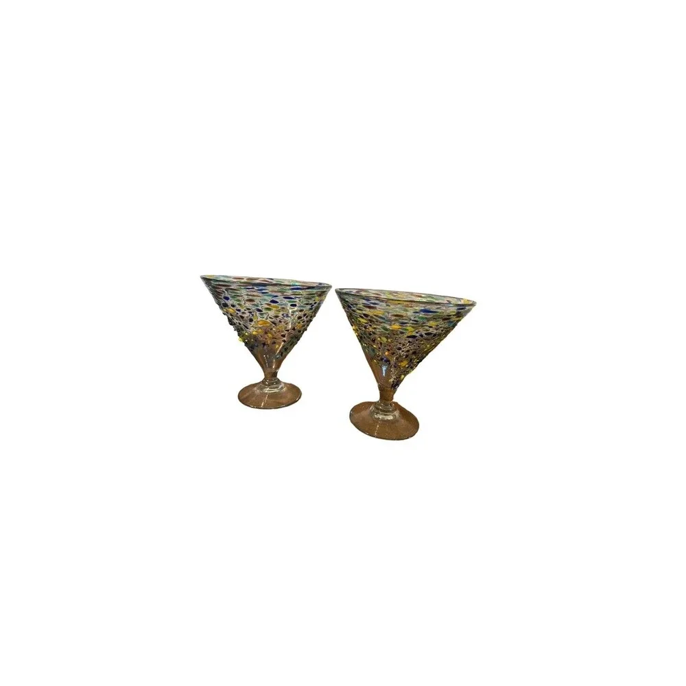 SET OF 2 MEXICAN CONFETTI WITH COLOR PEBBLES HAND BLOWN ROCKS Margarita Glasses